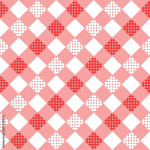 Charming Red and White Gingham Pattern with Polka Dot Squares, Ideal for Picnic Designs