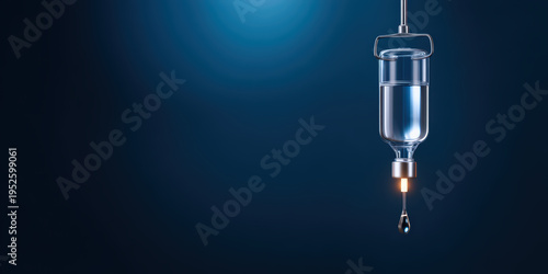 Intravenous drip chamber with clear liquid and single drop falling, medical equipment in dark blue background, minimal style close up of glass drip chamber with sin c c e