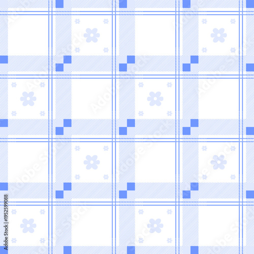 Seamless Blue Gingham Pattern with Delicate Flowers, Perfect for Modern Picnic Designs
