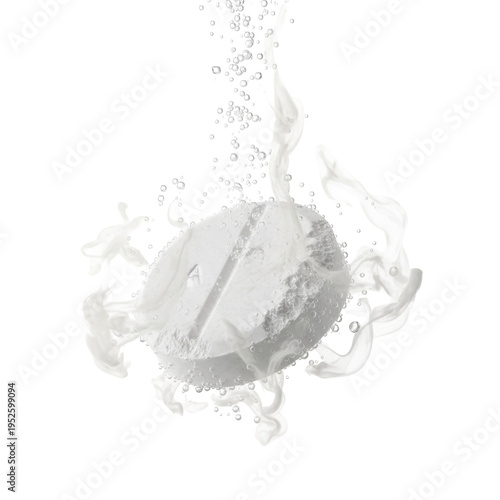Dissolving White Effervescent Tablet with Bubbles and Smoke in Water