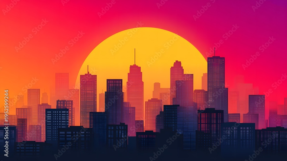 Obraz premium Graphic cityscape with an oversized sun dominating the skyline, clean geometric buildings in silhouette, bold minimal shapes and strong contrast, vibrant gradient sky, modern poster style, ultra