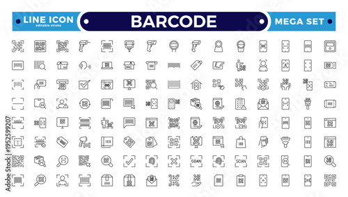 Barcode and QR Code Scanner Outline Icons – Retail Inventory System, Digital Laser Reader, Handheld Device, POS Payment, Warehouse Logistics Identification Collection. Editable stroke outline icon.
