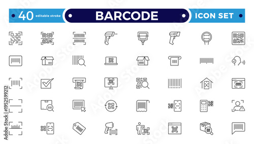 Barcode and QR Code Scanner Outline Icons – Retail Inventory System, Digital Laser Reader, Handheld Device, POS Payment, Warehouse Logistics Identification Collection. Editable stroke outline icon.

