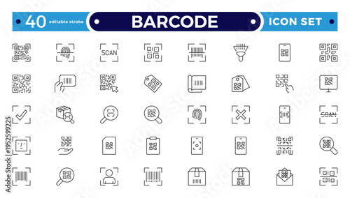 Barcode and QR Code Scanner Outline Icons – Retail Inventory System, Digital Laser Reader, Handheld Device, POS Payment, Warehouse Logistics Identification Collection. Editable stroke outline icon.
