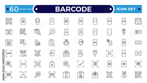 Barcode and QR Code Scanner Outline Icons – Retail Inventory System, Digital Laser Reader, Handheld Device, POS Payment, Warehouse Logistics Identification Collection. Editable stroke outline icon.
