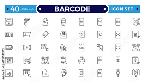 Barcode and QR Code Scanner Outline Icons – Retail Inventory System, Digital Laser Reader, Handheld Device, POS Payment, Warehouse Logistics Identification Collection. Editable stroke outline icon.
