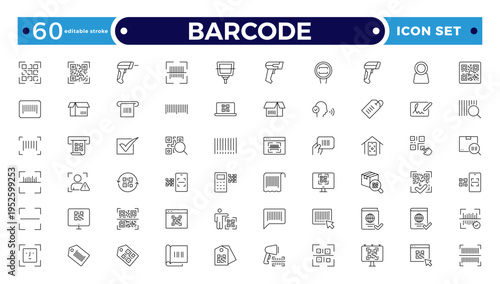 Barcode and QR Code Scanner Outline Icons – Retail Inventory System, Digital Laser Reader, Handheld Device, POS Payment, Warehouse Logistics Identification Collection. Editable stroke outline icon.
