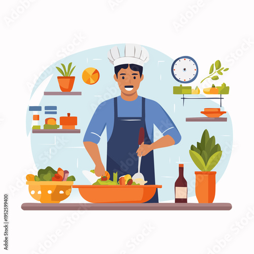 Chef preparing salad in kitchen vector illustration
