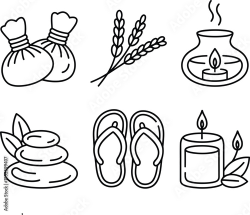 Six symbolic icons representing traditional and spiritual elements