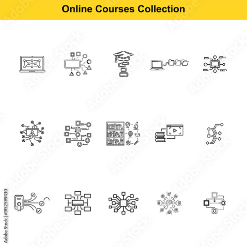 A set of simple line drawings depicts the interconnectedness of online courses, digital learning platforms, flow charts, and graduation achievement symbols.