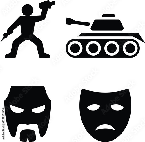 Four icons representing conflict, military, and theatrical themes in black and white