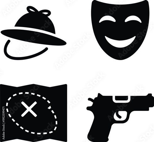 Four black and white icons representing mystery, secrecy, and danger in a symbolic way