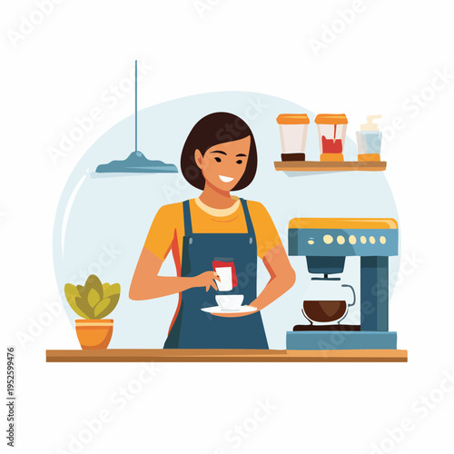 Barista preparing coffee with machine flat illustration