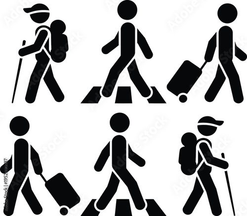 Diverse pedestrians crossing the street with various types of luggage and walking aids