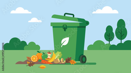 Green recycling bin with organic waste.