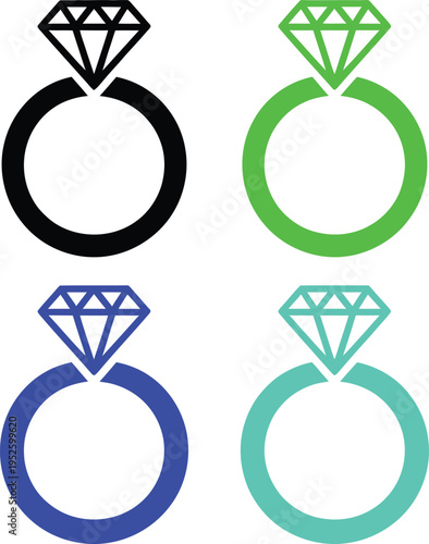 Four stylized engagement rings with colored gemstones and bands