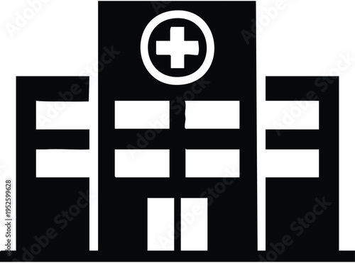 Hospital Building Icon with Medical Cross Symbol.