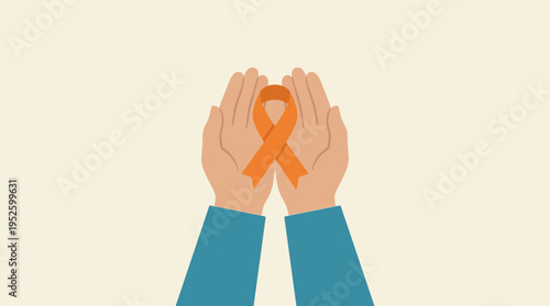 Hands Holding Orange Awareness Ribbon Symbol.