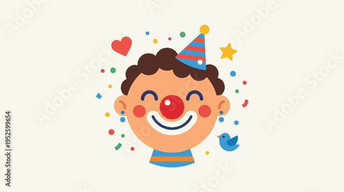 Smiling cartoon clown face with hat.