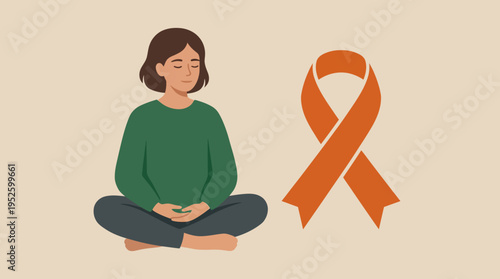 Woman meditating with awareness ribbon symbol.
