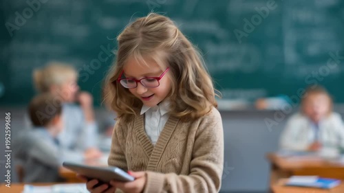 Young girl using tablet in elementary school classroom while classmates engage in learning activities during the school day