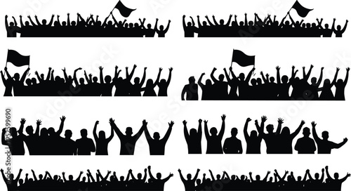 Cheering crowd silhouettes, celebration poses, raised hands, waving flags, unity symbol, public gathering, sports fans, concert energy, protest art, enthusiasm
