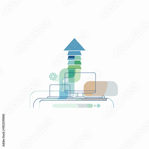 Abstract illustration of upward growth and technological advancement with computers and an arrow.