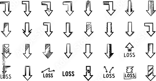 Hand-Drawn Downward Arrows and Loss Symbols Doodle Set for Business Finance and Economic Decline Icons