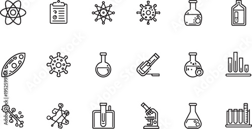 Black and white line icon set of science laboratory including atomic molecular virus flask microscope test tubes and data analysis design