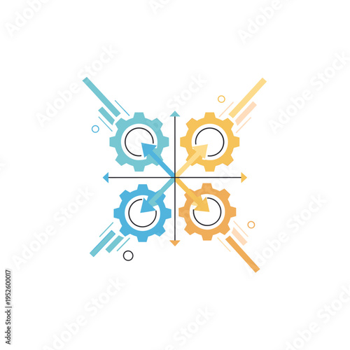 Four interconnected gears in a quadrant diagram, symbolizing synergy and collaborative effort in a business or technological context.