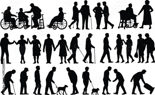 Elderly silhouettes, aging population, wheelchair figure, walker user, cane posture, companionship design, social support, independence symbol, daily activity, care