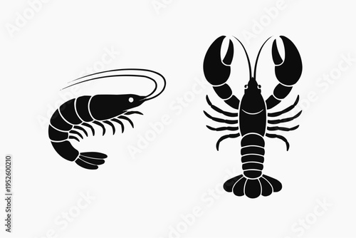Minimalist shrimp and lobster silhouettes, clean vector style, solid black shapes, isolated on pure white background.