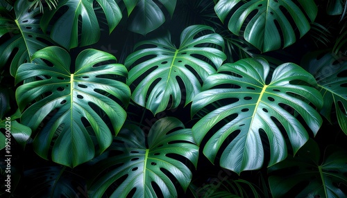 Lush tropical monstera leaves background with rich green foliage texture, vibrant nature pattern, botanical design concept and exotic rainforest aesthetic