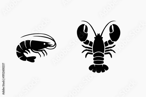 Minimalist shrimp and lobster silhouettes, clean vector style, solid black shapes, isolated on pure white background.