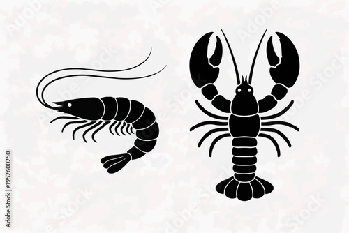 Minimalist shrimp and lobster silhouettes, clean vector style, solid black shapes, isolated on pure white background.