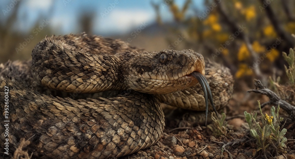 Obraz premium western diamondback rattlesnake flicking tongue in arid desert habitat, close up.
