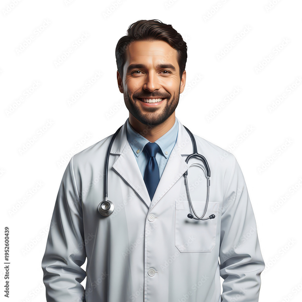 Fototapeta premium Smiling doctor wearing a stethoscope around his neck in professional attire isolated on transparent background