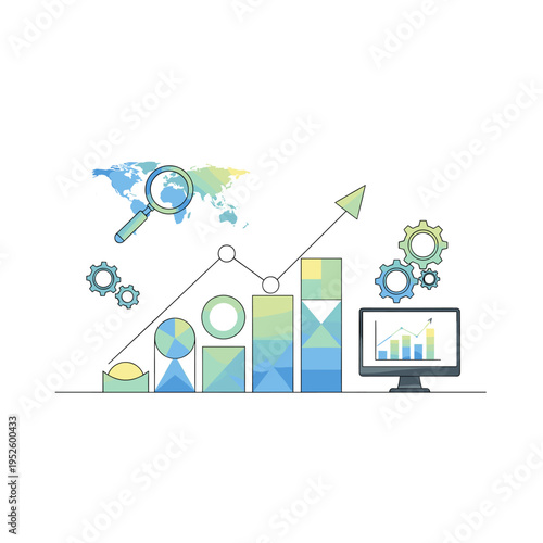 A visual representation of business growth and data analysis, featuring charts, graphs, a magnifying glass, and a computer screen.