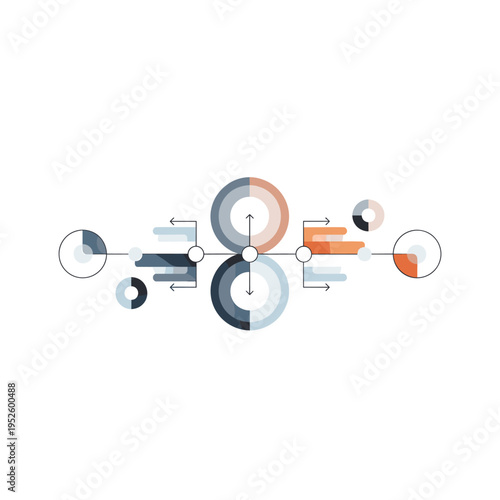 Abstract representation of data flow and analysis with circular charts and connecting lines.