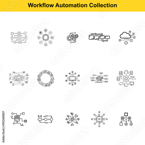 Various interconnected diagrams and abstract flowcharts illustrate complex concepts of automated workflow management, data processing, and system integration across digital platforms.