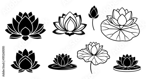 Elegant Black and White Lotus Flower Vector Icons Collection, showcasing diverse styles and stages of bloom, from delicate buds to graceful blossoms, ideal for spiritual and decorative projects