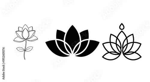 Vector lotus mandala icon set in minimalist line art and silhouette styles for meditation and yoga themes