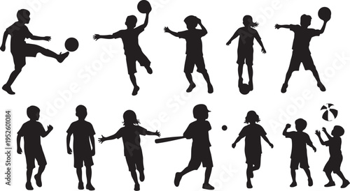 Silhouettes of children playing various sports and games together