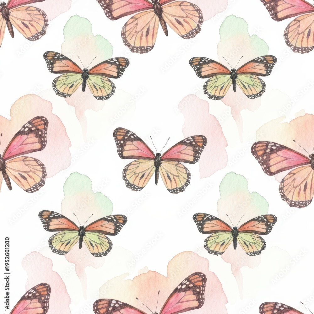 Fototapeta premium Delicate watercolor monarch butterflies seamless pattern with soft pastel washes