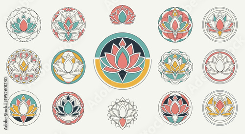 A collection of stylized lotus mandalas and floral emblems with geometric patterns, presented in a vibrant, modern color palette of teal, coral, and gold, ideal for branding and design projects