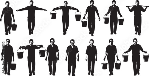 Silhouette of man carrying bucket in various poses sequence