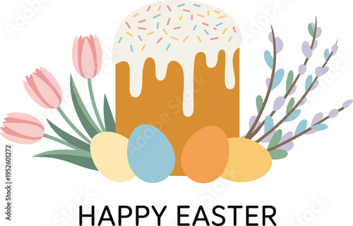 Happy Easter greeting card with traditional kulich cake, colorful eggs, pink tulips, and willow branches vector