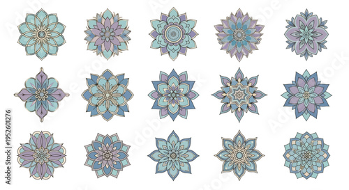 Collection of Intricate Mandala Designs in Soothing Blue and Purple Hues, Offering a Diverse Set of Ornamental Circular Patterns