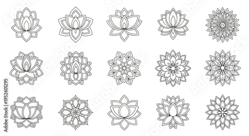 A collection of elegant vector lotus and mandala icons, perfect for spiritual, wellness, and artistic designs, featuring intricate and symmetrical patterns