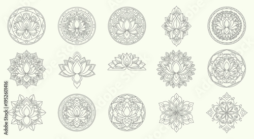 A curated vector set of beautiful lotus flower mandalas and intricate spiritual symbols, featuring elegant ornamental floral designs perfect for meditation, yoga, and wellness branding